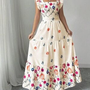 SHEIN Cream Maxi Dress with Colorful Floral Embroidery